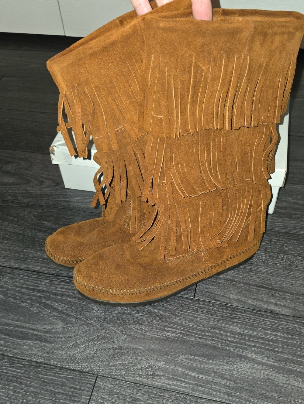Minnetonka Triple Fringe Suede Moccasin Boots - Brown